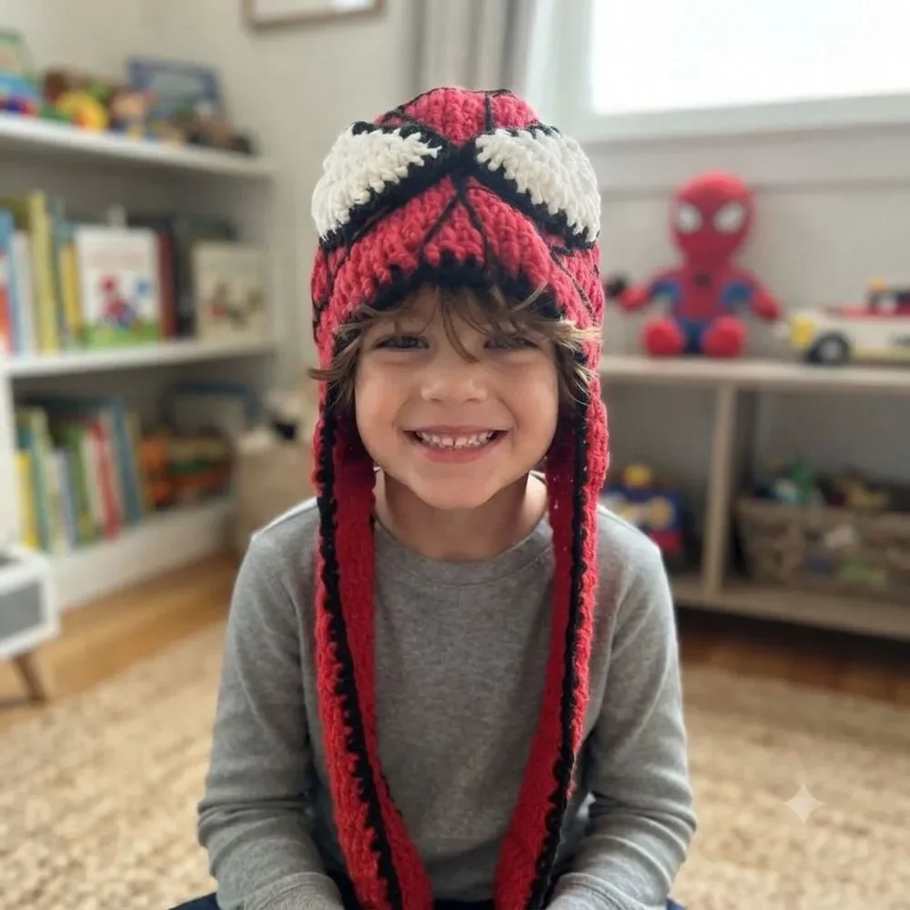 Spider-Man Crocheted Knitted Beanie Youth 6-8 Years Handmade Ear Flaps Webs